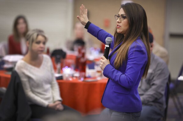 Rep. Lauren Boebert, R-Colo., delivers her speech at the Montezuma County Lincoln Day Dinner at the Ute Mountain Casino Hotel, Saturday, Oct. 28, 2023, in Towaoc, Colo. (AP Photo/Jerry McBride)