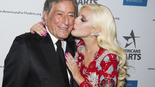 FILE - Tony Bennett, left, and Lady Gaga appear at the Americans for the Arts 2015 National Arts Awards in New York on Oct. 19, 2015. Bennett died Friday, July 21, 2023. at age 96. (Photo by Charles Sykes/Invision/AP, File)