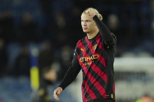 Manchester City's Erling Haaland reacts after the English Premier League soccer match between Leeds United and Manchester City, at Elland Road Stadium in Leeds, England, Wednesday, Dec. 28, 2022. (AP Photo/Jon Super)
