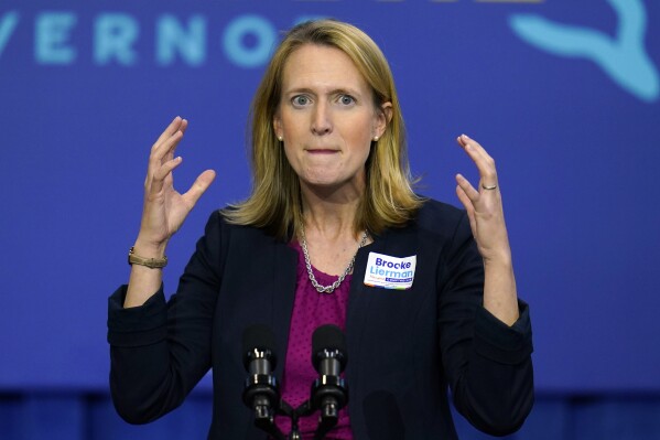 FILE - Brooke Lierman, candidate for Maryland comptroller, speaks at campaign event for Maryland gubernatorial candidate Wes Moore, Saturday, Oct. 29, 2022, in Baltimore, Md. Maryland’s economic growth effectively stalled in 2017 and has been stagnant ever since, despite the fact that the state tops the nation in several key economic categories, according to a report released Wednesday, Jan. 4, 2023. The report, the first of its kind released by the state comptroller's office, notes that Maryland has the highest median household income of about $108,200 and the nation's lowest unemployment rate at 1.8%. (AP Photo/Julio Cortez, File)