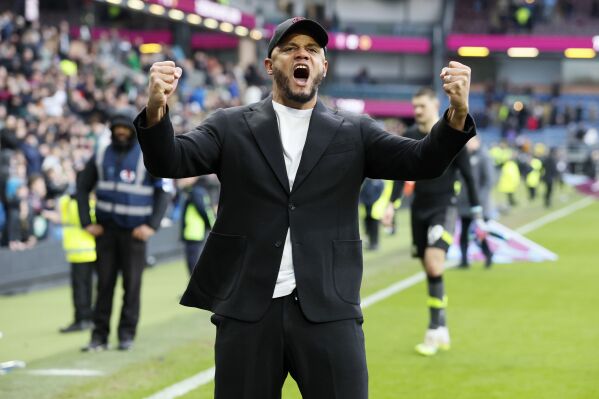Burnley manager Vincent Kompany celebrates after the English Premier League soccer match between Burnley and Brentford at Turf Moor, in Burnley, England, Saturday, March 16, 2024. (Richard Sellers/PA via AP)
