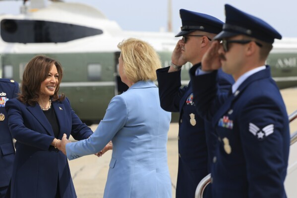 Vice President Kamala Harris is greeted by Sen. Tammy Baldwin, D-Wisc., forward of boarding Air Power Two to scoot away on campaign scoot back and forth to Milwaukee, Wisc., Tuesday, July 23, 2024 at Andrews Air Power Rotten, Md.  (Kevin Mohatt/Pool through AP)