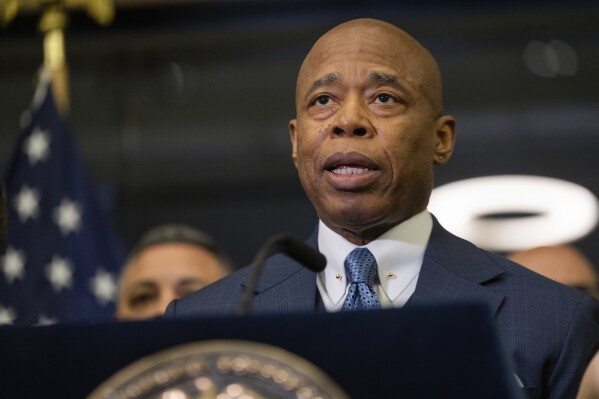 Mayor Eric Adams speaks during a news conference at the New York City Emergency Management Department on Friday April 5, 2024 in New York. (AP Photo/Brittainy Newman)