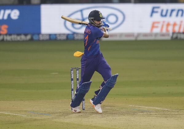 India's Shreyas Iyer plays a shot during the first Twenty20 international cricket match between India and Sri Lanka in Lucknow, India, Thursday, Feb. 24, 2022. (AP Photo/Manish Swarup)