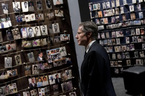 Secretary of State Antony Blinken visits the Kigali Genocide Memorial in Kigali, Rwanda, Thursday, Aug. 11, 2022. Blinken is on a ten day trip to Cambodia, Philippines, South Africa, Congo, and Rwanda. (AP Photo/Andrew Harnik, Pool)