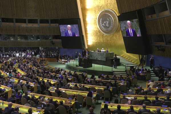 United States President Joe Biden addresses the 79th session of the United Nations General Assembly, Tuesday, Sept. 24, 2024, at UN headquarters. (AP Photo/Manuel Balce Ceneta)
