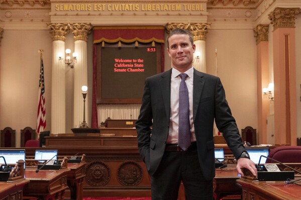 State Senate President Pro Tempore Designate Mike McGuire, of Healdsburg, poses in the state Senate Chambers in Sacramento, Calif., Thursday, Jan. 25, 2024. McGuire will replace current Senate Pro Tempore Toni Atkins when he is sworn-in Monday Feb. 5, 2024. (AP Photo/Rich Pedroncelli)