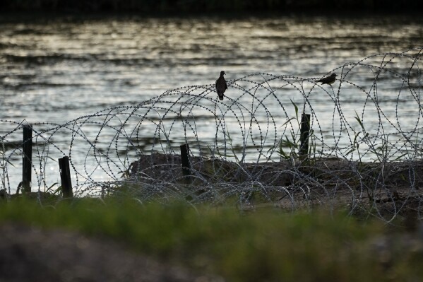 FILE - Birds rest on concertina wire, or razor wire, along the Rio Grande in Eagle Pass, Texas, July 6, 2023. A federal judge on Monday, Oct. 30, ordered Border Patrol agents not to interfere with razor wire that Texas has installed at a busy crossing for migrants on the U.S.-Mexico border, keeping in place, for now, one of Republican Gov. Greg Abbott's newest aggressive measures over immigration. (AP Photo/Eric Gay, File)
