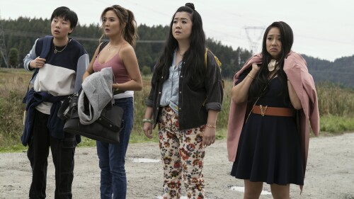 This image released by Lionsgate shows Sabrina Wu as Deadeye, from left, Ashley Park as Audrey, Sherry Cola as Lolo, and Stephanie Hsu as Kat, in a scene from 