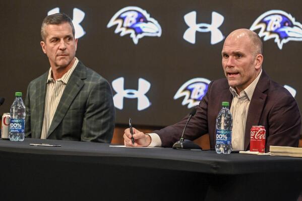 Baltimore Ravens head coach John Harbaugh, left, and general manager, Eric DeCosta hold an end of season press conference in Owings Mills, Md. Thursday, Jan. 19, 2023. (Kevin Richardson/The Baltimore Sun via AP)