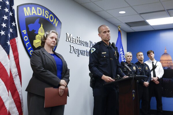 Mayor Satya Rhodes-Conway, left, and Acting Police Chief John Patterson appear during a press conference to announce the arrest of Jeffrey Rupnow in Madison, Wis. Thursday, May 8, 2025. (John Hart/Wisconsin State Journal via AP)