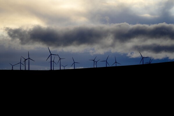 FILE - Rain clouds move over wind turbines near Aschersleben, Germany, Oct. 29, 2023. By the end of 2023, the world will have added enough wind energy to power nearly 80 million homes, making it a record year. (AP Photo/Matthias Schrader, File)