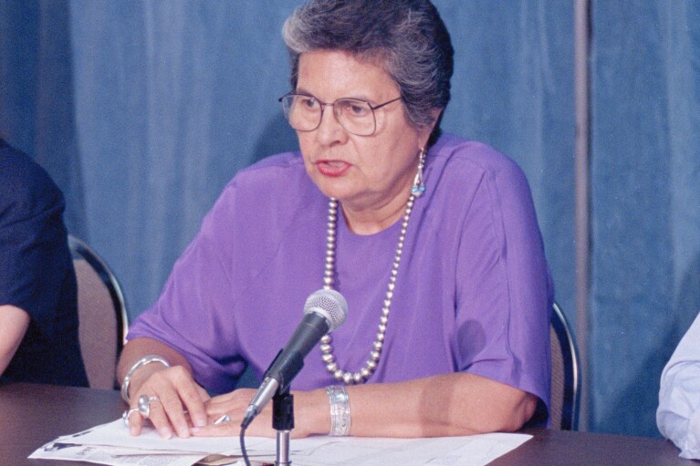 FILE - Ada Deer, assistant Interior Secretary for Indian Affairs, meets reporters at the Interior Department, Sept. 7, 1995, in Washington. Deer, an esteemed Native American leader from Wisconsin and the first woman to lead the Bureau of Indian Affairs, has died at age 88. She passed away Tuesday evening, Aug. 15, 2023, from natural causes. (AP Photo/Charles Tasnadi, File)