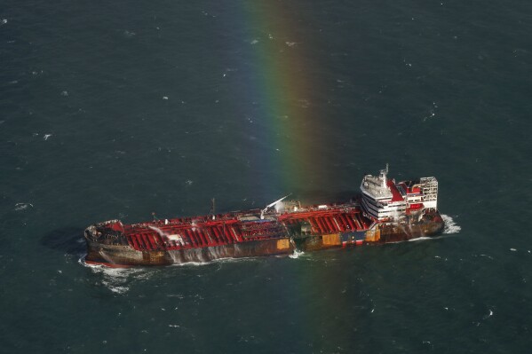 The damaged MV Stena Immaculate tanker at anchor off the Yorkshire coast in the North Sea, Tuesday, March 11, 2025 in England. (Dan Kitwood/Pool Photo via AP)