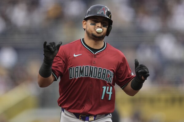 Arizona Diamondbacks' Gabriel Moreno celebrates after hitting a home run during the second inning of a baseball game against the San Diego Padres,420 Thursday, June 6, 2024, in San Diego. (AP Photo/Gregory Bull)