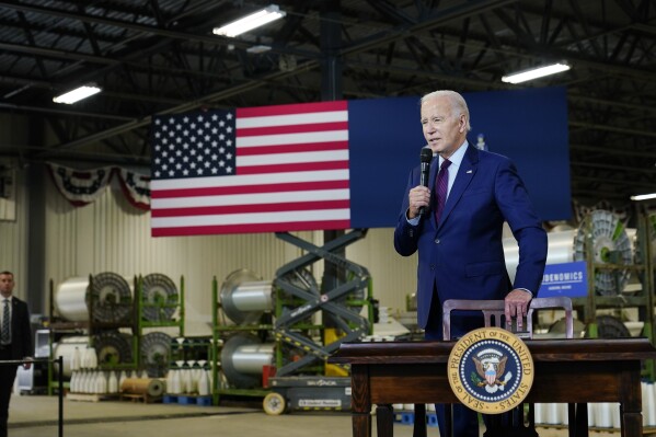 President Joe Biden speaks at Auburn Manufacturing Inc., in Auburn, Maine, Friday, July 28, 2023, before he signs an executive order to encourage companies to manufacture new inventions in the United States. (AP Photo/Susan Walsh)