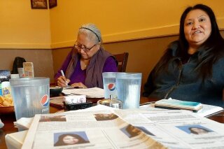 This undated photo provided by Mountain West News Bureau shows Angelita Chegup, left, and Tara Amboh, who are among four women banished from their reservation for what they say are political reasons. A lawyer for the four women who were temporarily banned from the Ute Indian Tribe's reservation in Utah asked a federal appeals court on Tuesday, Nov. 17, 2020 to revive a lawsuit challenging their punishment. (Nate Hegyi/Mountain West News Bureau/KUER-FM via AP)