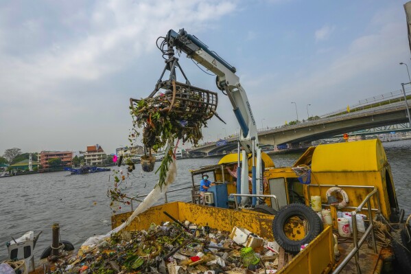 Garbage is collected from Chao Phraya River, ahead of World Water Day, in Bangkok, Thailand, March 21, 2024. (AP Photo/Sakchai Lalit)