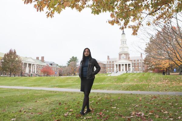 In this photo provided by Jessica Jane Hart is Sonja Thomas, associate professor and department chair of women's, gender and sexuality studies at Colby College, Wednesday, October 13, 2021, in Waterville, Maine. Colby College is banning discrimination based on caste, a system of inherited social class, becoming one of the nation's earliest colleges to do so. "You have to first name what it is to say: This exists, we name it, we stand against it,” said Thomas. (Jessica Jane Hart via AP)