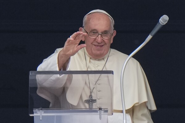 Pope Francis appears at his studio's window overlooking St. Peter's Square at The Vatican on St. Peter and Paul's Day, Thursday, June 29, 2023. (AP Photo/Andrew Medichini)