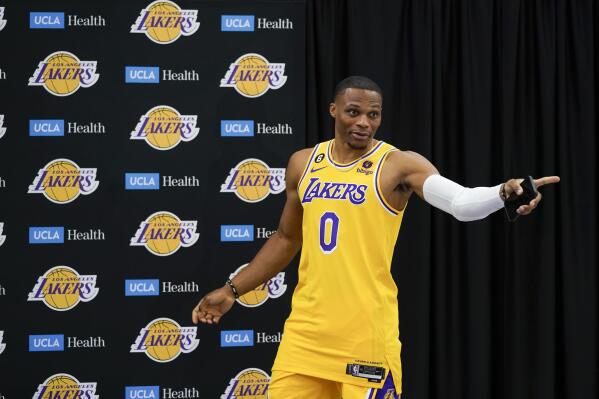 Los Angeles Lakers' Russell Westbrook arrives for a news conference at the NBA basketball team's Media Day Monday, Sept. 26, 2022, in El Segundo, Calif. (AP Photo/Jae C. Hong)