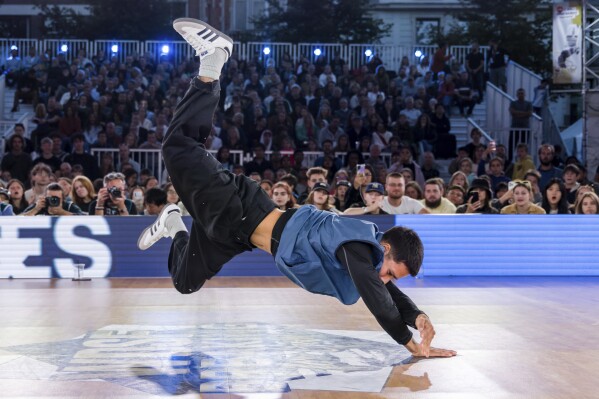 Victor Bernudez Montalvo of the United States, known as B-Boy Victor, competes during the World Breaking Championships in Leuven, Belgium, Sunday, Sept 24, 2023. For much of the last year, breakers from around the world have been competing for a shot at Olympic gold when the competitive hip-hop dance form makes its debut at the Paris Games in 2024. Whoever is crowned the top b-boy and b-girl in Belgium will directly qualify to the games next summer. Victor won the gold medal. (AP Photo/Geert Vanden Wijngaert)
