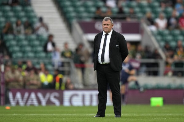 New Zealand's head coach Ian Foster, watches as players warm up before the start of the rugby union international match between New Zealand and South Africa, at Twickenham stadium in London, Friday, Aug. 25, 2023. (AP Photo/Alastair Grant)