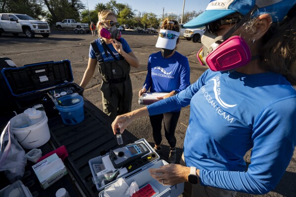 From left; Christiane Keyhani, Suzanne Bieser and Tova Callender of Hui O Ka Wai Ola, test water quality collected at the Mala Wharf on Friday, Feb. 23, 2024, in Lahaina, Hawaii. (AP Photo/Mengshin Lin)