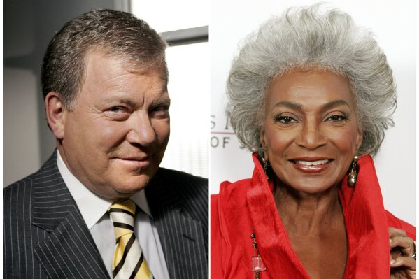 
              This combination photo shows actor William Shatner on the set of ABC's "Boston Legal" in Manhattan Beach, Calif., on Sept. 13, 2004, left, and actress Nichelle Nichols attending an all-star tribute concert for jazz icon Herbie Hancock in Los Angeles on Oct. 28, 2007. Fifty years ago, one year after the U.S. Supreme Court declared interracial marriage was legal, two of science fiction’s most enduring characters, Captain James T. Kirk, played by Shatner and Lieutenant Nyota Uhura, played by Nichols, kissed each other on “Star Trek.” (AP Photo)
            