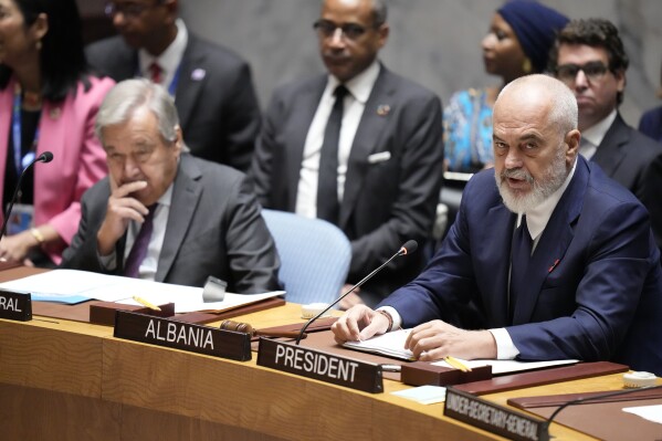 United Nations Secretary-General Antonio Guterres, left, listens as Security Council President and Prime Minister of Albania Edi Rama speaks during a high level Security Council meeting on the situation in Ukraine, Wednesday, Sept. 20, 2023 at United Nations headquarters. (AP Photo/Mary Altaffer)