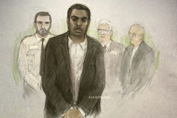 This court artist sketch by Elizabeth Cook shows Valdo Calocane appearing at Nottingham Crown Court, in Nottingham, England, Tuesday, Jan. 23, 2024. A 32-year-old man who fatally stabbed two college students and a 65-year-old man in Nottingham has been allowed to plead guilty to manslaughter. Prosecutors said Tuesday that they would accept the plea from Valdo Calocane to a lesser charge than murder on the basis of diminished responsibility after psychiatrists said he suffered paranoid schizophrenia. (Elizabeth Cook/PA via AP)