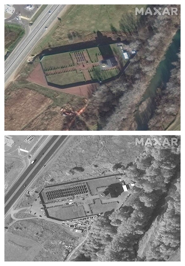 CORRECTS DESCRIPTION OF VIEW This combination of satellite images provided by Maxar Technologies shows an increase in storage space for cremated remains at a Wagner Chapel in Russia's southern Krasnodar region from Dec. 10, 2021 to Sept. 25, 2023. (Maxar Technologies via AP)