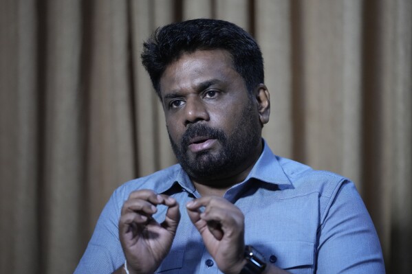 Anura Kumara Dissanayake, presidential candidate of opposition political party National People's Power speaks to Associated Press in Colombo, Sri Lanka, Monday, Aug. 26, 2024. (AP Photo/Eranga Jayawardena)