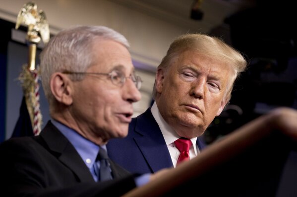 National Institute for Allergy and Infectious Diseases Director Dr. Anthony Fauci, left, accompanied by President Donald Trump, speaks about the coronavirus during a news conference in the press briefing room at the White House, Saturday, Feb. 29, 2020, in Washington. (AP Photo/Andrew Harnik)