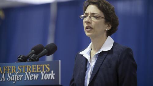 FILE -Polly Trottenberg, Commissioner of the New York City Department of Transportation, speaks to the media during a press conference and bill signing that authorizes New York City to lower their speed limit, Saturday, Aug. 9, 2014, in New York. The Federal Aviation Administration has another acting leader at the controls. The White House said Thursday, June 8, 2023 that President Joe Biden picked longtime government official Polly Trottenberg to run the FAA.(AP Photo/John Minchillo, File)