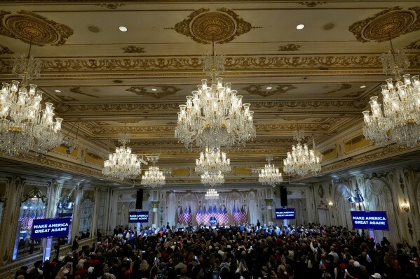 Republican presidential candidate former President Donald Trump speaks at a Super Tuesday election night party, Tuesday, March 5, 2024, at Mar-a-Lago in Palm Beach, Fla. (AP Photo/Rebecca Blackwell)
