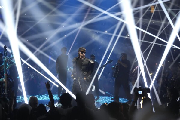 Peso Pluma performs during the MTV Video Music Awards on Tuesday, Sept. 12, 2023, at the Prudential Center in Newark, N.J. (Photo by Charles Sykes/Invision/AP)