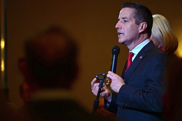 Cleveland businessman Bernie Moreno, a Republican candidate for U.S. Senate, speaks to supporters during his primary election night watch party in Westlake, Ohio, Tuesday, March 19, 2024. (AP Photo/David Dermer)