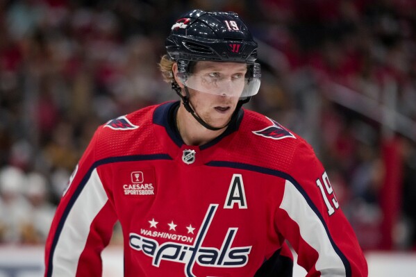 FILE - Washington Capitals center Nicklas Backstrom during an opening night NHL hockey game against the Pittsburgh Penguins, Friday, Oct. 13, 2023, in Washington. Capitals general manager Brian MacLellan says it's unlikely Backstrom plays again this season. Backstrom stepped away from the NHL team last week amid his ongoing struggles with his surgically repaired left hip. (AP Photo/Andrew Harnik, File)