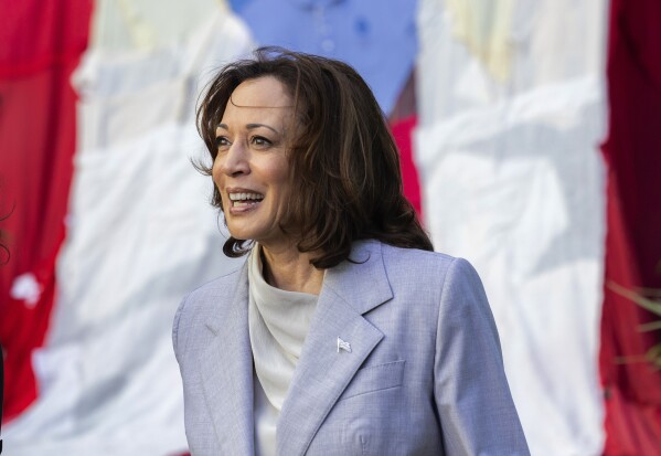 Vice President Kamala Harris stands in entrance of a Puerto Rican flag, in San Juan, Puerto Rico, Friday, March 22, 2024. Harris visited Puerto Rico on Friday as part of a whirlwind day out to tout the federal aid the U.S. territory has obtained following lethal hurricanes and benefit a Democratic fundraiser. (AP Listing/Alejandro Granadillo)