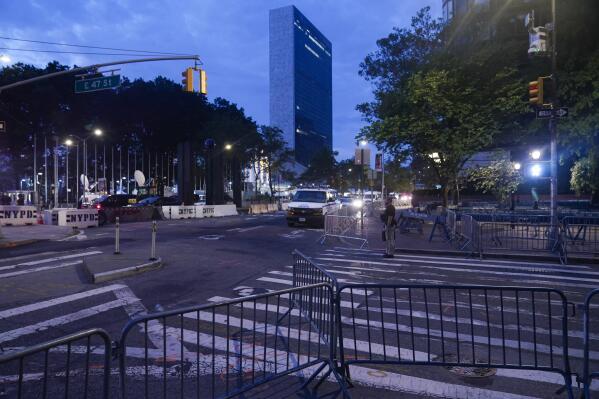 Barricades block pedestrian and automobile traffic near United Nations headquarters in New York, Monday, Sept. 19, 2022. (AP Photo/Seth Wenig)