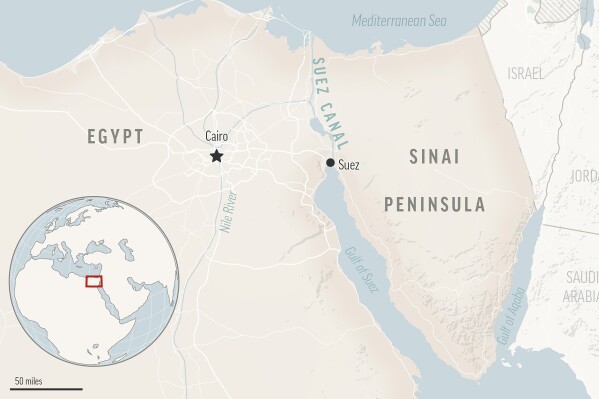 This is a locator map for the Suez Canal and the Sinai Peninsula in Egypt, with its capital, Cairo. (AP Photo)
