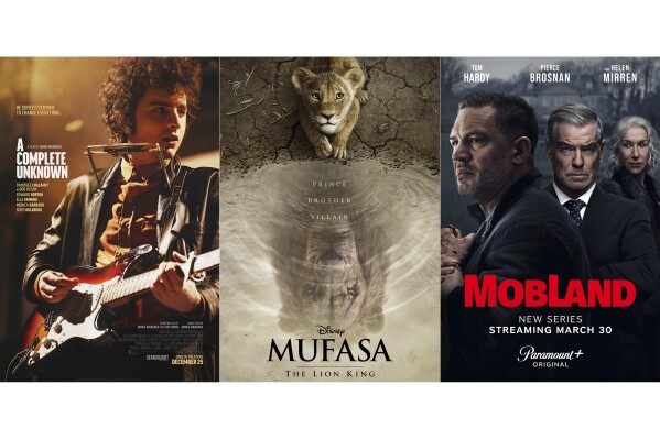 This combination of photos shows promotional art for the film "A Complete Unknown," left, the film "Mufasa: The Lion King," center, and the series "Mobland." (Searchlight Pictures/Disney/Paramount+ via AP)