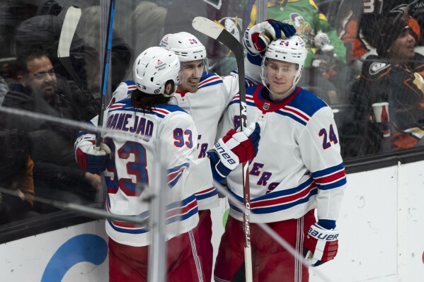 New York Rangers left wing Chris Kreider (20) celebrates after his goal with center Mika Zibanejad (93) and right wing Kaapo Kakko (24) during the third period of an NHL hockey game against the Anaheim Ducks, Sunday, Jan. 21, 2024, in Anaheim, Calif. (AP Photo/Kyusung Gong)