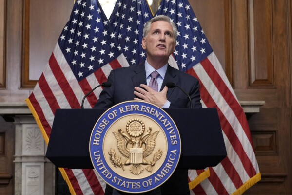 Rep. Kevin McCarthy, R-Calif., speaks to reporters hours after he was ousted as Speaker of the House, Tuesday, Oct. 3, 2023, at the Capitol in Washington. (AP Photo/J. Scott Applewhite)