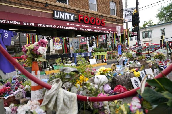 Tributes are displayed on the three-year anniversary of George Floyd's death at George Floyd Square, Thursday, May 25, 2023, in Minneapolis. (AP Photo/Abbie Parr)