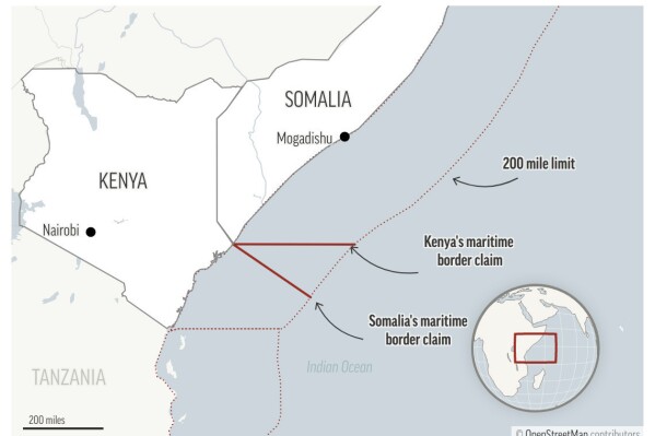 Map shows the Kenya-Somalia coastline and disputed area. A U.S. official says Navy ships and aircraft are combing areas of the Gulf of Aden for two missing U.S. Navy SEALs as details emerge about their mission. The SEALs were trying to board and take over a vessel carrying components for medium-range Iranian ballistic missiles headed for Somalia days ago. The official said Monday, Jan. 15, 2024, crew on the boat were planning to transfer missile parts including warheads and engines to another boat off the coast of Somalia.