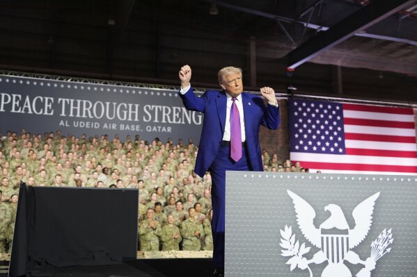 President Donald Trump gestures after speaking at the Al Udeid Air Base, Thursday, May 15, 2025, in Doha, Qatar. (AP Photo/Alex Brandon)