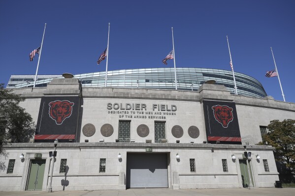 A general overall view of the exterior of Soldier Field before an NFL football game between the Chicago Bears and Indianapolis Colts, Oct. 4, 2020, in Chicago. (AP Photo/Kamil Krzaczynski, File)