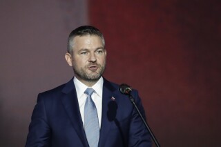 Slovak Prime Minister Peter Pellegrini delivers a speech at the National Museum in Prague, Czech Republic, on Nov. 17, 2019. (AP Photo/Petr David Josek, File)